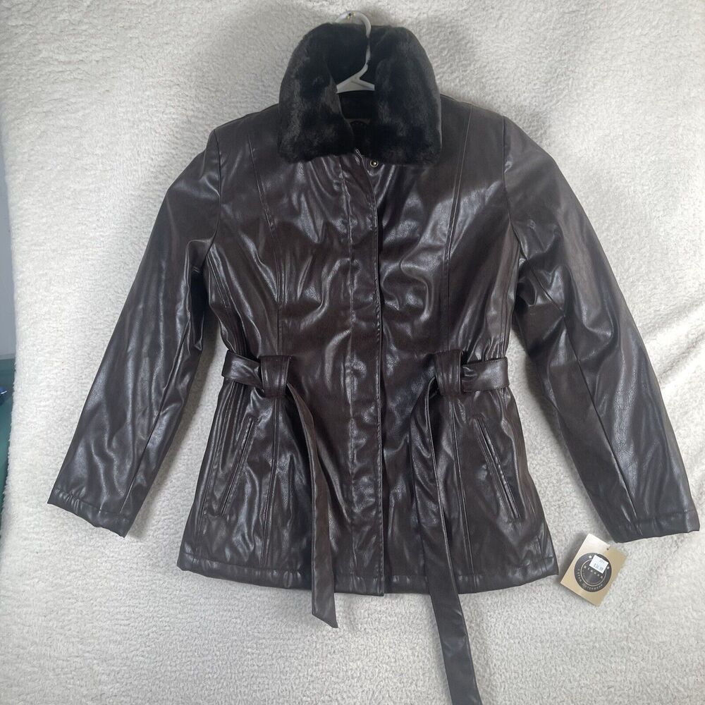 NEW Giacca Jacket Womens Small Brown Faux Leather Rayon Coat Belted Quilt Lined